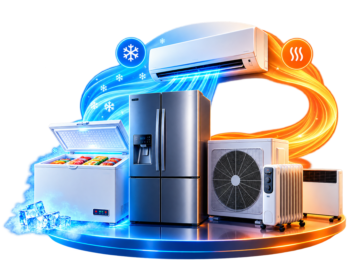 Cooling and heating equipment including an air conditioner, fridge, freezer and heaters